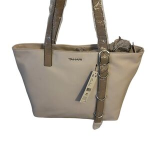 Tahari Cream Tote Bag with Structured Design and Silver Accents